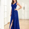 Womens Elegant Sequin Evening Cocktail Dress Deep-V Asymmetric Slit Slim