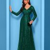 Sequin Long Sleeve V-Neck Elegant Maxi Evening Gown Women Dress