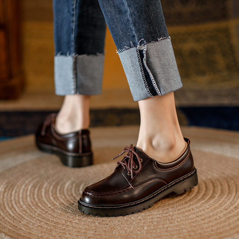 Womens Preppy Round Toe Lace-Up Leather Platform Shoes Oxfords