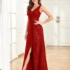 Womens Elegant Sequin Evening Cocktail Dress Deep-V Asymmetric Slit Slim