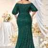 Plus Size Sequin Dress V-Neck Half Sleeve Slim Flowy Evening Gown