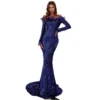Sequin Dress Feather Off Shoulder Long Sleeve Mermaid Evening Gown