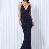 Sequin Evening Dress Women Spaghetti Strap V-Neck Backless Mermaid Gown