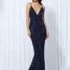 Sequin Evening Dress Women Spaghetti Strap V-Neck Backless Mermaid Gown