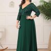 Plus Size Sequin V-Neck 3/4 Sleeve Evening Dress