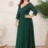 Plus Size Sequin Evening Dress Deep V-Neck 3/4 Sleeve Floor-Length Party Gown