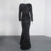 Sequin Velvet Long Sleeve V-Neck Mermaid Evening Gown Formal Party Dress