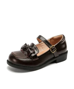 Womens Lolita Mary Jane Round Toe Bow Buckle Waxed Leather Low Heel Breathable