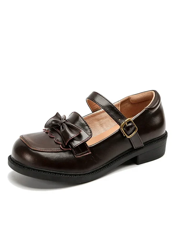 Womens Lolita Mary Jane Round Toe Bow Buckle Waxed Leather Low Heel Breathable