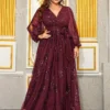 Plus Size Sequin V-Neck Lantern Sleeve High Waist Maxi Evening Dress