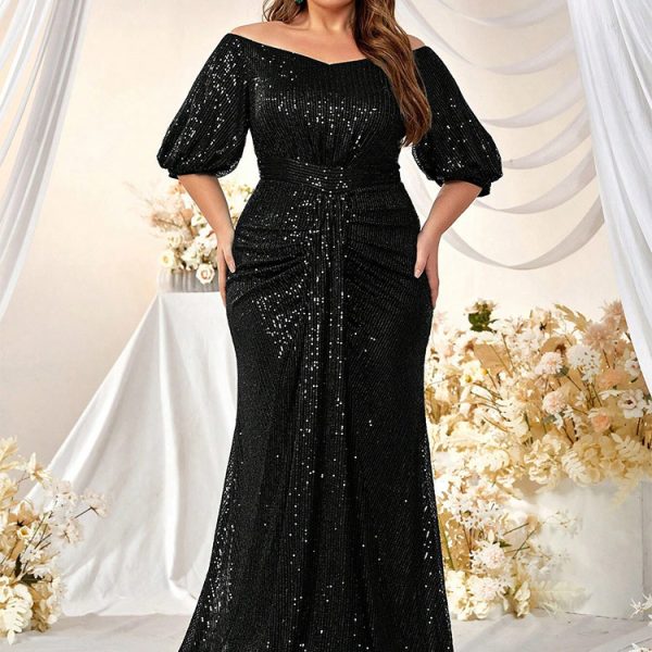Plus Size Sequin Dress V-Neck Half Sleeve Slim Flowy Evening Gown