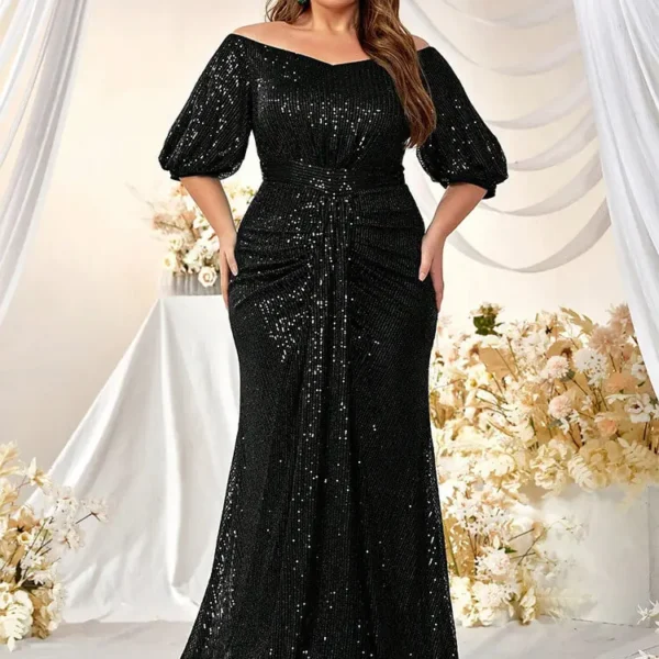 Plus Size Sequin Dress V-Neck Half Sleeve Slim Flowy Evening Gown