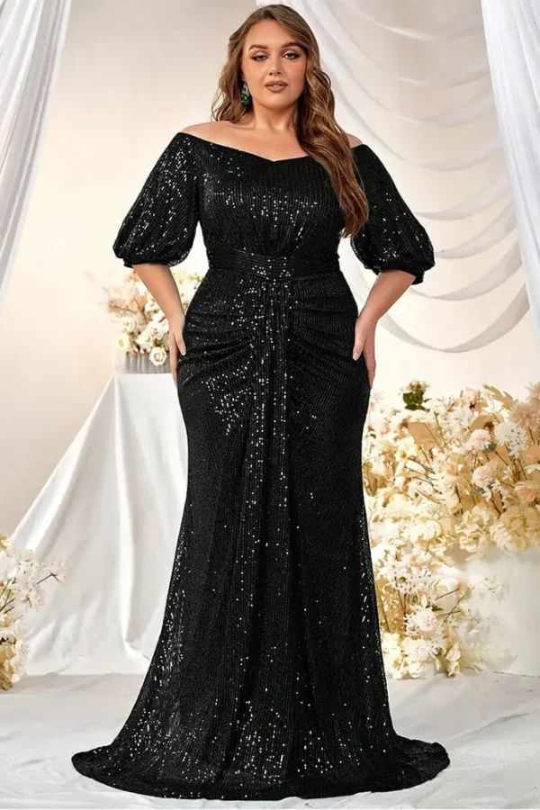 Plus Size Sequin Dress V-Neck Half Sleeve Slim Flowy Evening Gown