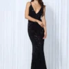 Sequin Evening Dress Women Spaghetti Strap V-Neck Backless Mermaid Gown