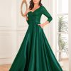 Sequin V-Neck Long Sleeve Satin Evening Gown Plus Size