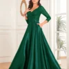 Sequin V-Neck Long Sleeve Satin Evening Gown Plus Size