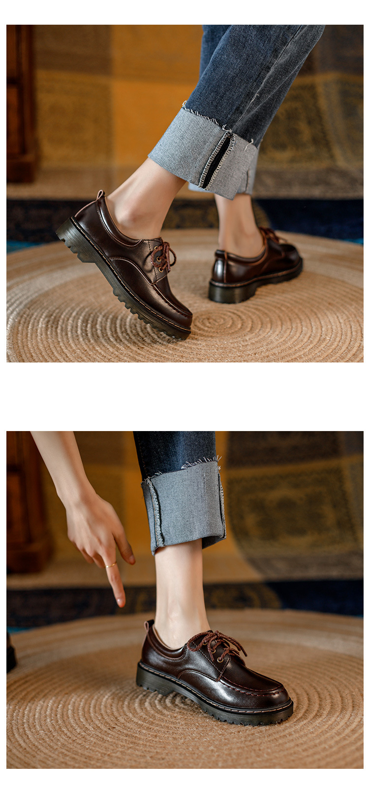 Womens Preppy Round Toe Lace-Up Leather Platform Shoes Oxfords