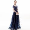 Navy Blue Lace Sleeveless High Waist Long Evening Gown Elegant Party Dress