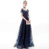 Navy Blue Lace Sleeveless High Waist Long Evening Gown Elegant Party Dress