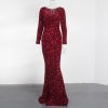Sequin Velvet Long Sleeve V-Neck Mermaid Evening Gown Formal Party Dress