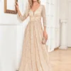 Sequin Evening Dress Women Long Sleeve V-Neck Elegant Maxi Gown