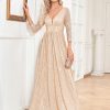 Womens Sequin V-Neck Long Sleeve Slim Maxi Evening Dress