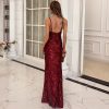V-Neck Sequin Strap Backless High Slit Maxi Party Dress