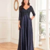 Sequin V-Neck Long Sleeve Satin Evening Gown Plus Size