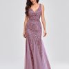 Womens Summer Mermaid Evening Gown Deep V-Neck Sleeveless Tulle Sequin Embroidered Dress
