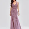 Elegant Deep V-Neck Evening Dress Gown with Embroidered Sequins