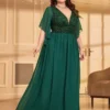 Elegant Plus Size V-Neck Sequin Chiffon Maxi Evening Dress