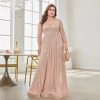 Women Plus Size Sequin Long Sleeve V-Neck Elegant Evening Party Dress