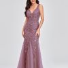Womens Summer Mermaid Evening Gown Deep V-Neck Sleeveless Tulle Sequin Embroidered Dress