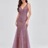 Elegant Deep V-Neck Evening Dress Gown with Embroidered Sequins