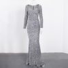 Sequin Velvet Long Sleeve V-Neck Mermaid Evening Gown Formal Party Dress
