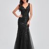 Womens Summer Mermaid Evening Gown Deep V-Neck Sleeveless Tulle Sequin Embroidered Dress