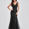 Elegant Deep V-Neck Evening Dress Gown with Embroidered Sequins