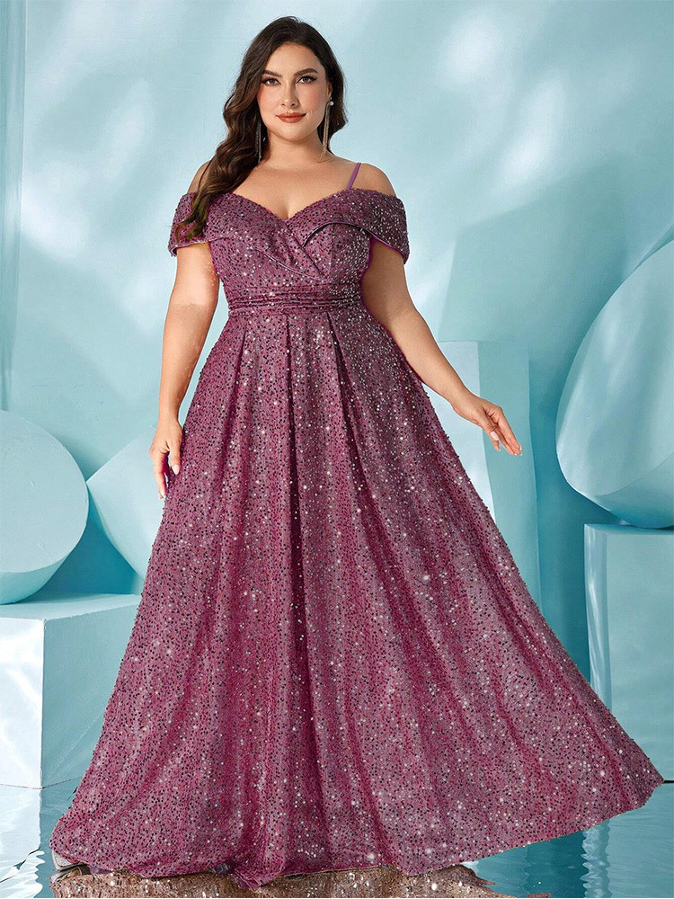 Plus Size Velvet Sequin Spaghetti Strap Evening Gown 2025 Summer Slimming Dress