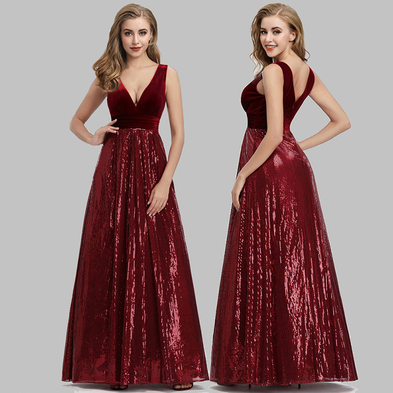 Wine Red Sequin Velvet Patchwork Sleeveless V-Neck A-Line Maxi Dress