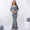 Sequin Velvet Long Sleeve V-Neck Mermaid Evening Gown Formal Party Dress
