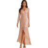Elegant VNeck Long Sleeve Sequin Long Evening Dress Wedding Guest Cocktail