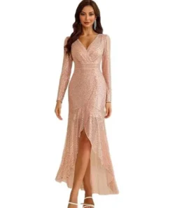 Elegant VNeck Long Sleeve Sequin Long Evening Dress Wedding Guest Cocktail