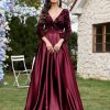 Plus Size V-neck Sequin Dress Velvet Long Sleeve Evening Gown