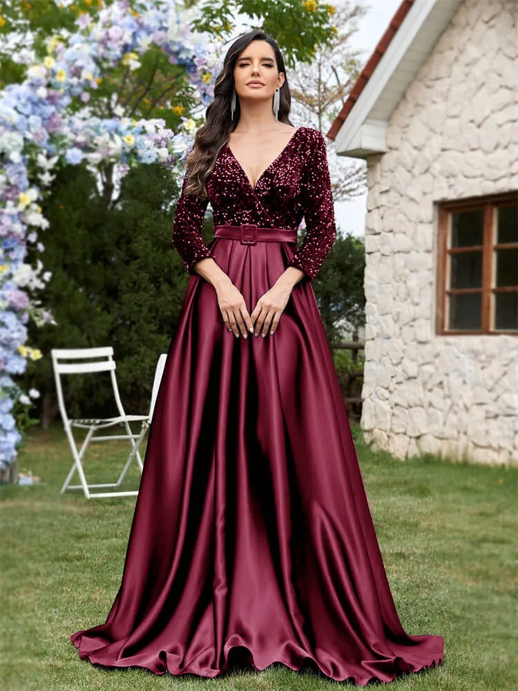 Plus Size V-neck Sequin Dress Velvet Long Sleeve Evening Gown