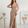 Womens Sequin Bodycon Evening Dress Spaghetti Strap V-Neck High Slit
