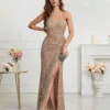 Womens Sequin Bodycon Evening Dress Spaghetti Strap V-Neck High Slit