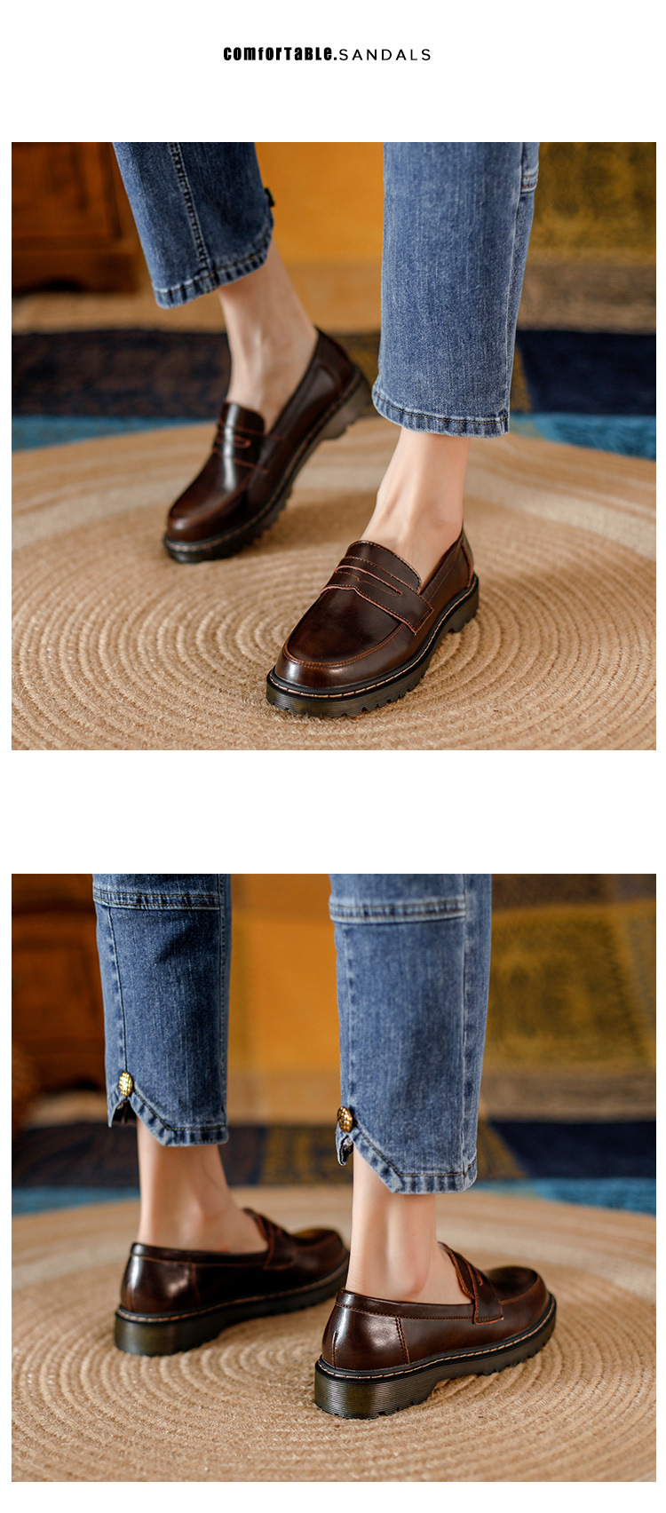 Womens Retro Round Toe Leather Loafer Flats Shoes Slip On Casual All Season