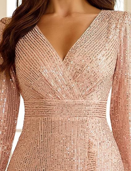 Elegant VNeck Long Sleeve Sequin Long Evening Dress Wedding Guest Cocktail
