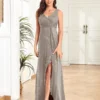 Womens Elegant Sequin Evening Cocktail Dress Deep-V Asymmetric Slit Slim