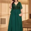 Elegant Plus Size V-Neck Sequin Chiffon Maxi Evening Dress